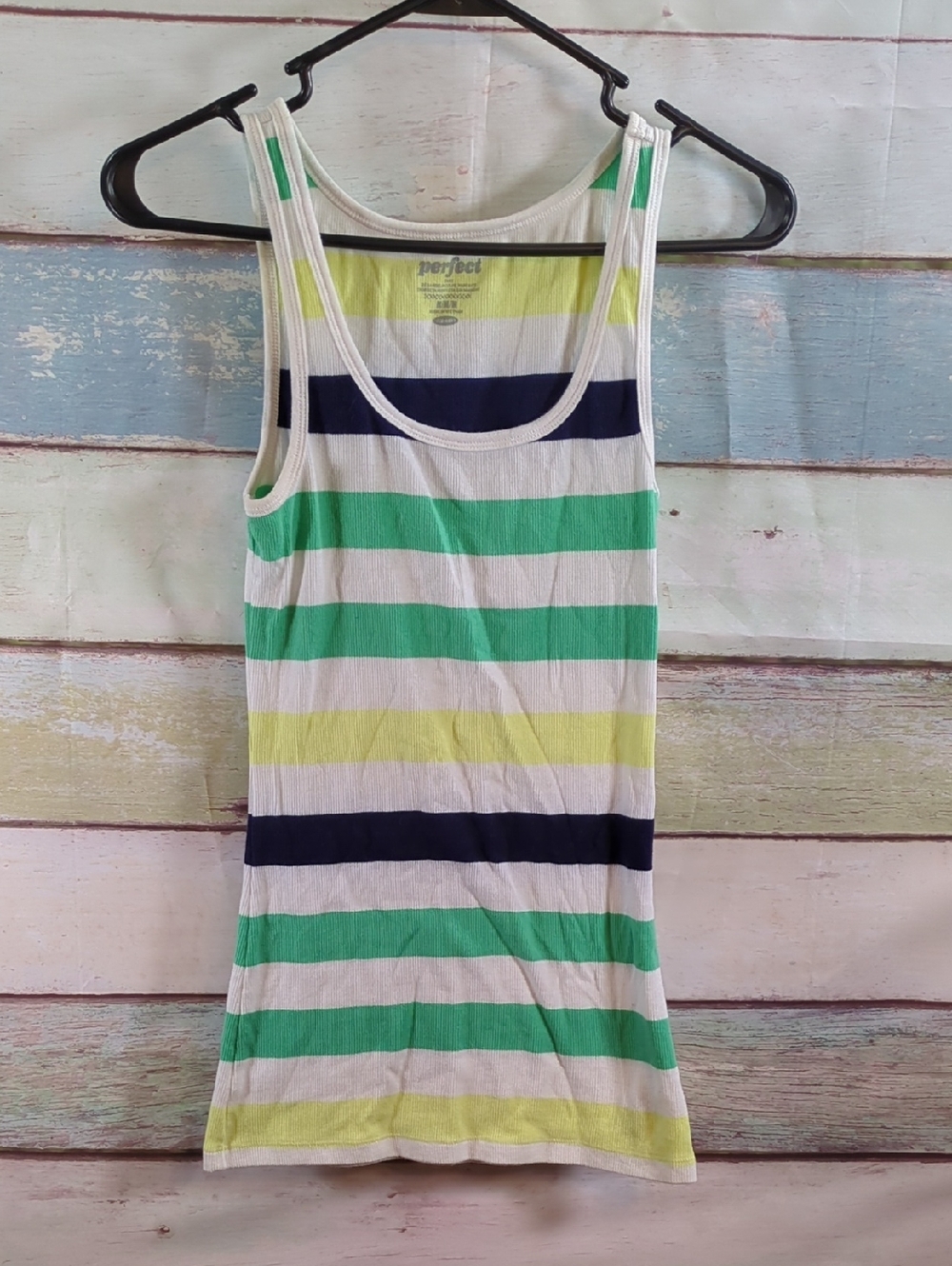 Perfect Striped Sleeveless Tank Top in Green, Navy & Yellow Stripes